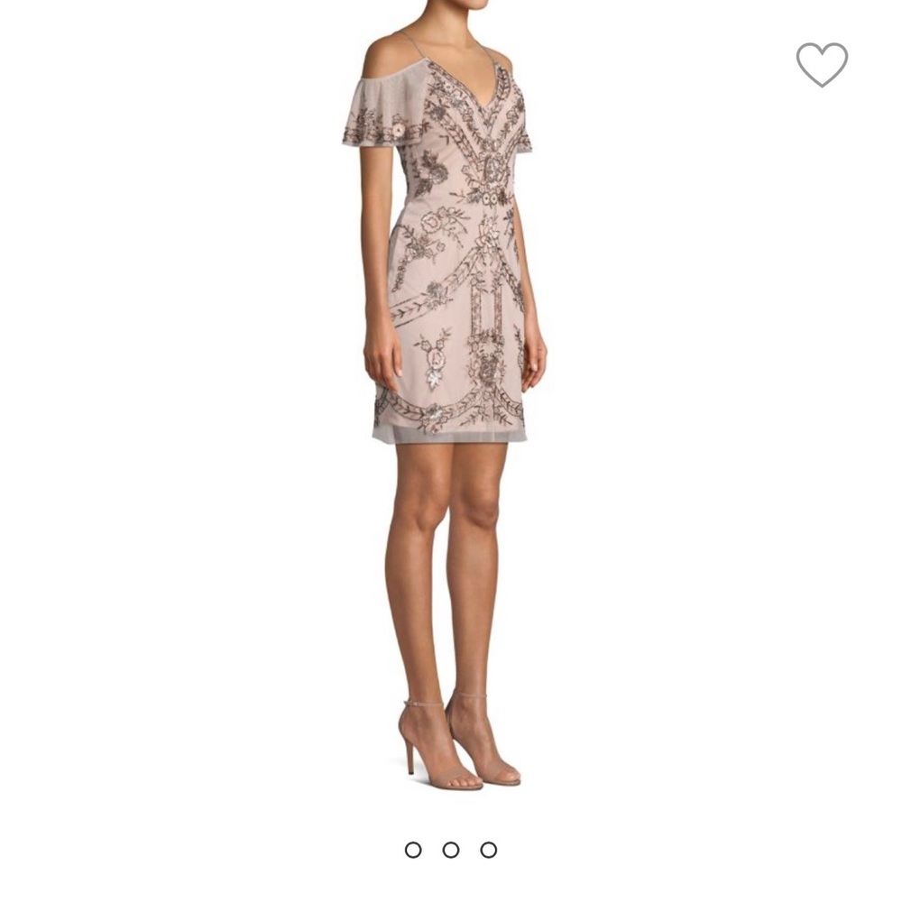 Brand new dress sleeves can also be worn off the shoulders . Blush color